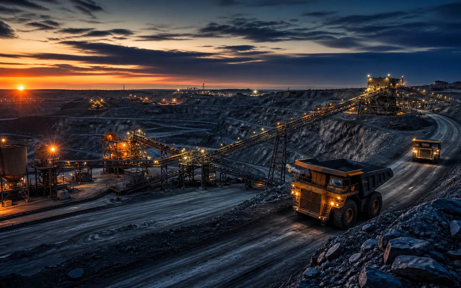 Large-scale mining operation with heavy equipment and industrial site infrastructure